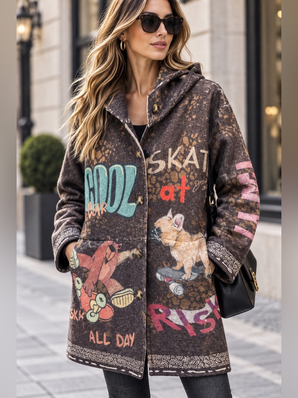 E42. From Italy 🇮🇹 Graphic Print Hooded Coat in Brown